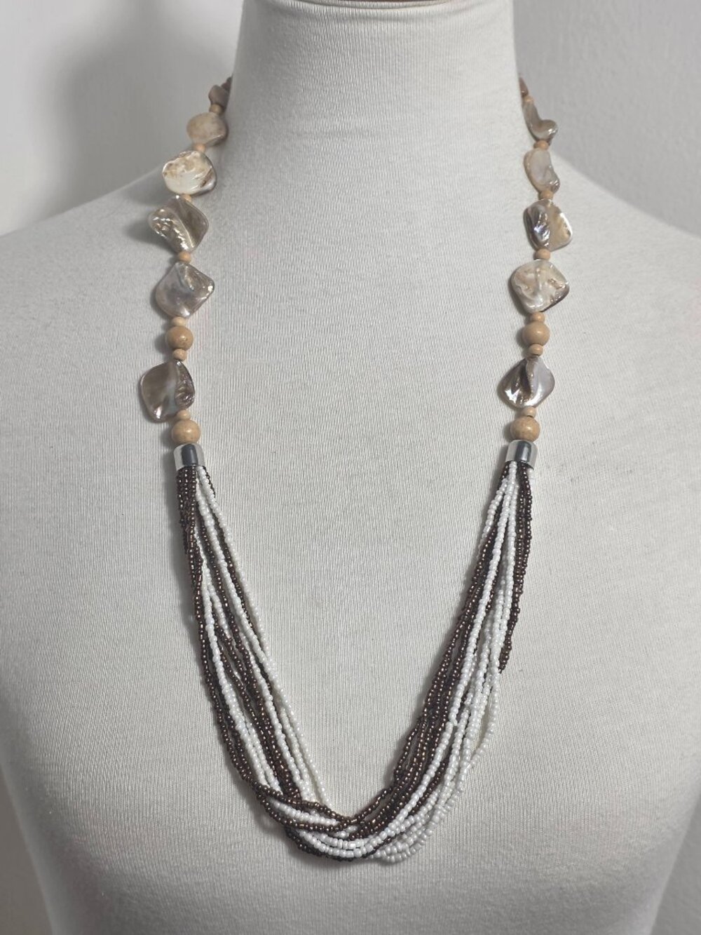 Boho Multi-Strand Necklace Brown & White Seed Beads & Earthtone Shell Nuggets
